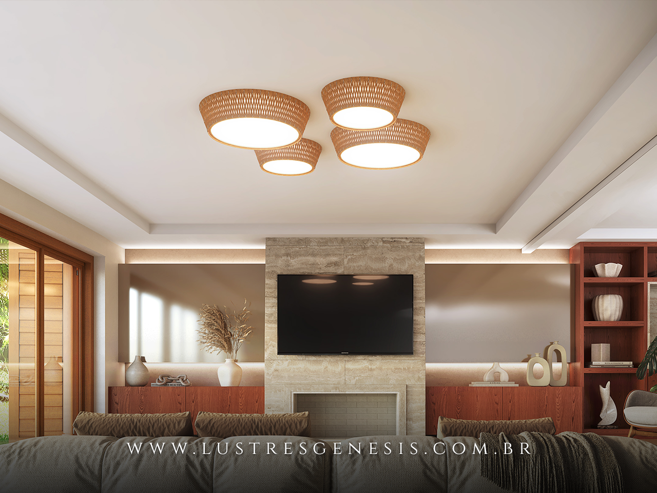 Lustre Plafon Rustico de Madeira Redondo para Sala de Jantar, Cozinha, Quarto de Casal e Mesa Sala Jantar Lustres Genesis